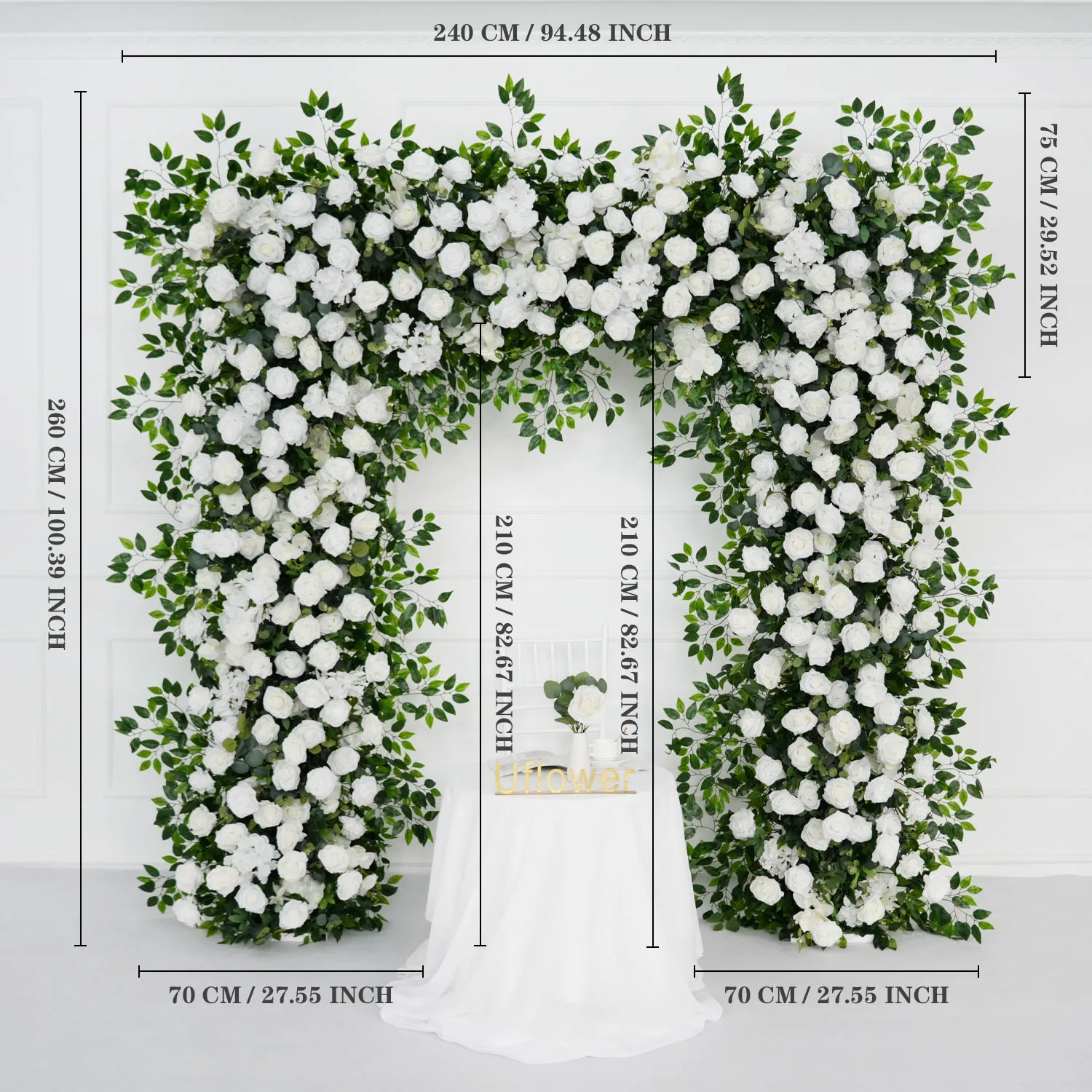 

Uflower White Rose Greenery Banyan Leaves Flower Row Wedding Backdrop Arch Deco Table Centerpiece Floral Event Props