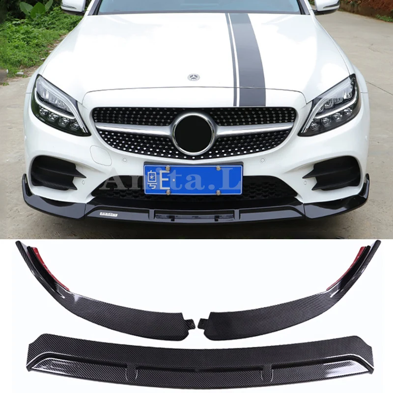 

Front Bumper Lip Body Kit Spoiler Splitters For Benz C Class W205 C205 C180 C200 Sport 2015-2021 Glossy Black Carbon Fiber Look