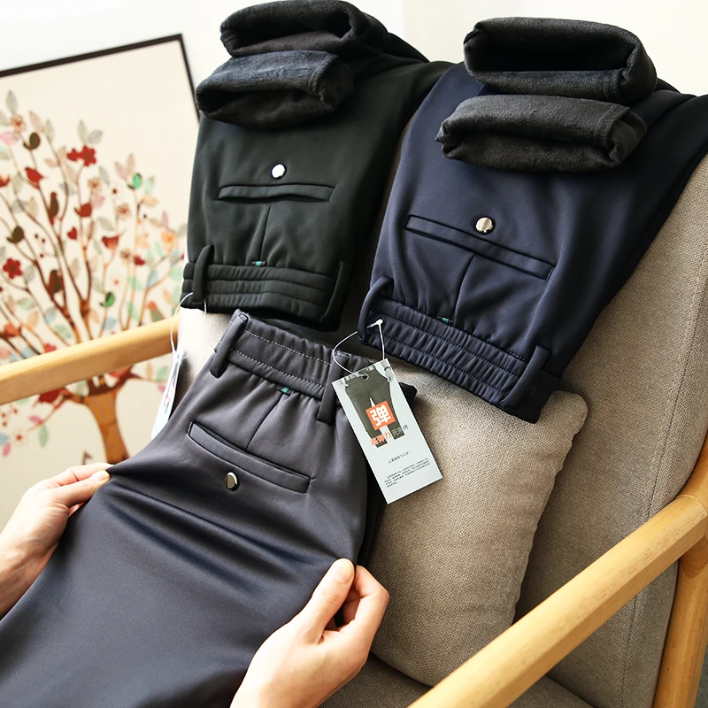 

Высококачественные эластичные, приятные для кожи, теплые мужские повседневные брюки на подкладке, прямые брюки с эластичной резинкой на талии, повседневные универсальные брюки