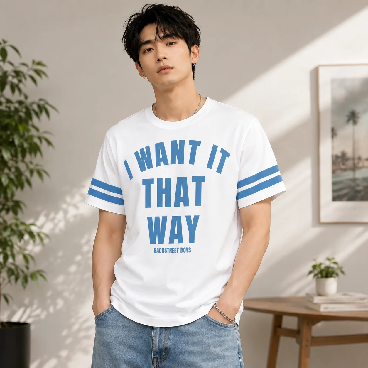 Backstreet Boys I Want It That Way T-Shirt, Y2K American Football-Stil Kurzarm-T-Shirt, Blaue Streifen am Ärmel, Buchstabendruck, Casual – Detail 4