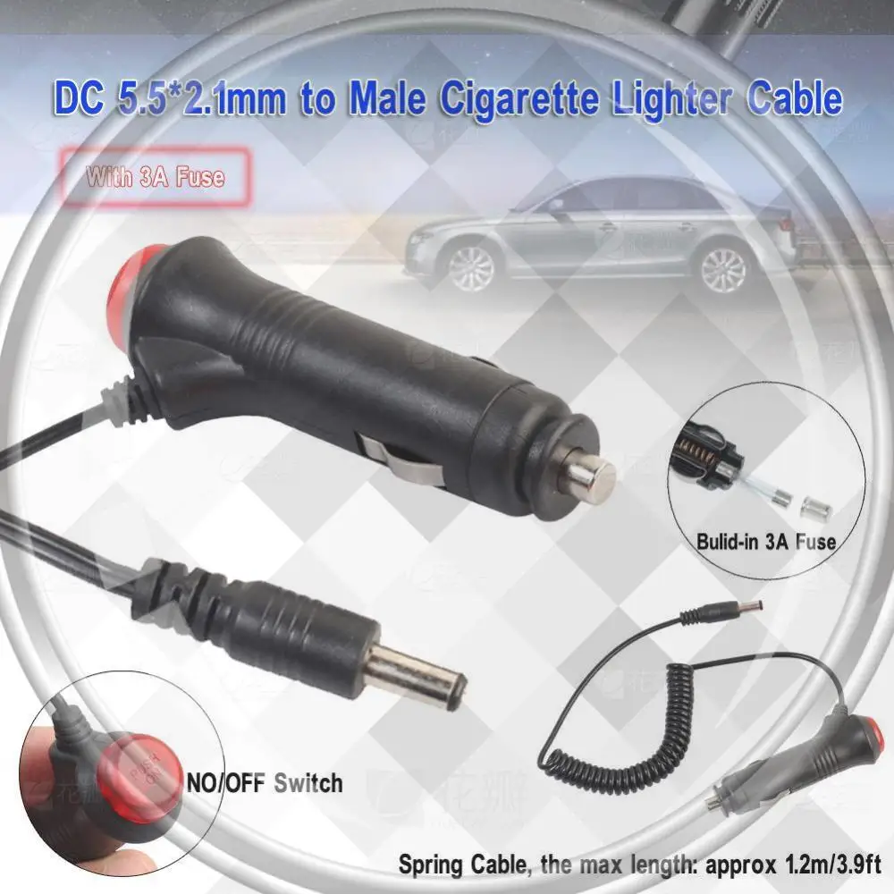 

Кабель-адаптер питания 5.5x2.1 мм для прикуривателя с выключателем и предохранителем