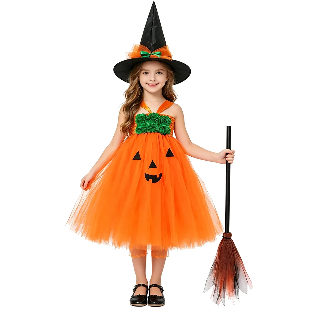 

Girls Orange Pumpkin Halloween Tutu Dress Kids Witch Long Costumes with Hat & Broom for Carnival New Year Party Disguise Outfit