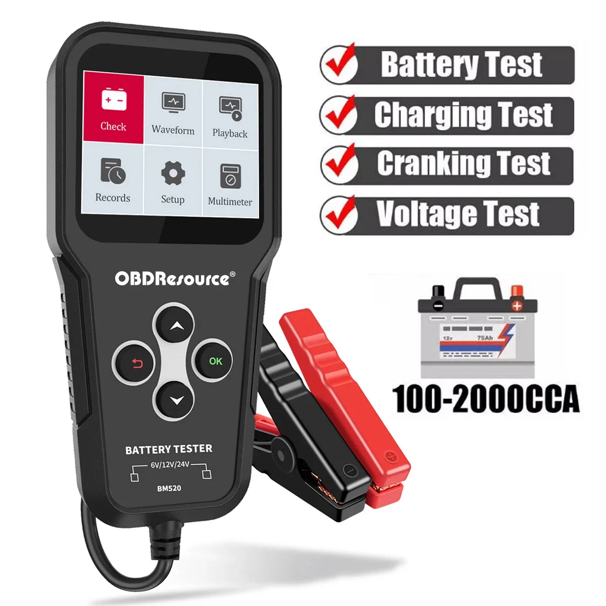 OBDResource Car Battery Tester 6V 12V 24V 3 In1 Battery Load Tester Professional Automotive Battery Analyzer Alternator 100-2000 CCA Battery Loading/Cranking/Charging Test