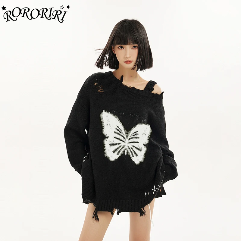 RORORIRI Women Off Shoulder Ripped Knitted Sweater Tassels Long Sleeves Lounge Loose Fuzzy Butterfly Jumper Top Vintage Clothes