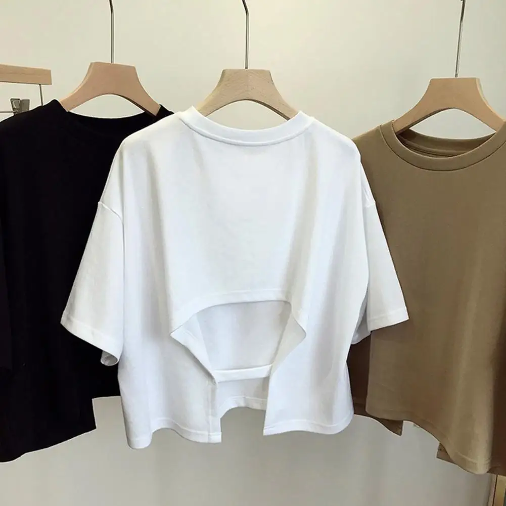 

Summer Ladies Casual Backless T-Shirt Korean Women Round Neck Loose Sweet Spicy Wind Short-Sleeved Crop Tops Women Clothing