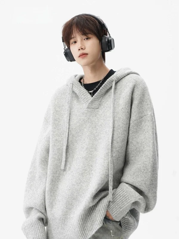 アメリカンスタイルのフード付きニットセータージャケット男性用冬トレンディブランド花柄グレーカップルセーターハイストリート怠惰なスタイル多用途トップ