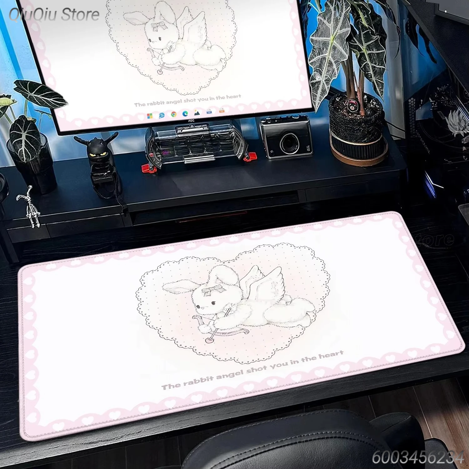 Angel Bunny Kawaii Mouse Pad, Cute White Rabbit Large Desk Mat with Pink Heart Border