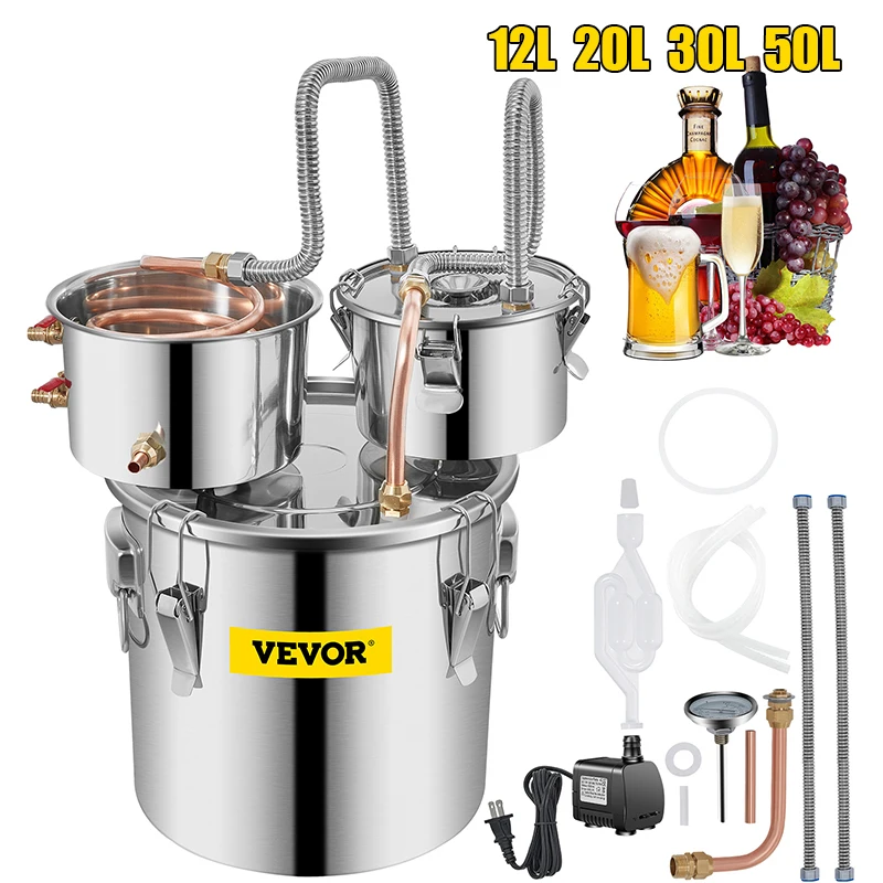 VEVOR 12L 20L 30L 50L แอลกอฮอล์ Brewing Distiller DIY Moonshine อุปกรณ์สแตนเลสยังคงวิสกี้เบียร์บรั่นดี Home Appliance