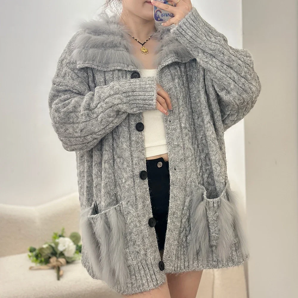 

Women Real Fur Coat Reality Fur Knitted Jacket 2025 New Autumn Knitted Cardigans Sweater Fur Striped Knitwear Outwear Female