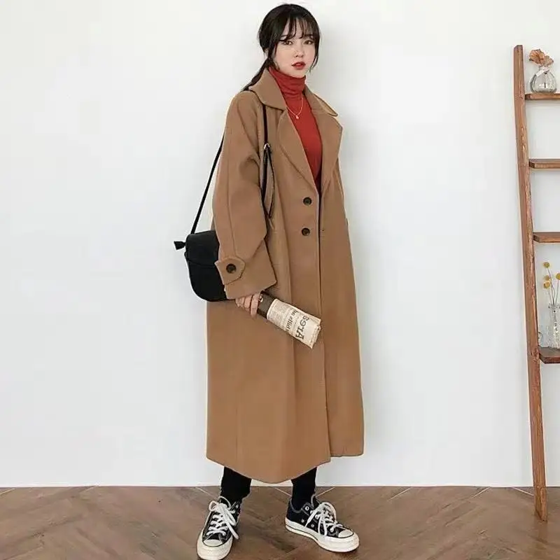 Casual Warm Woolen Coat Oversize 2023 Spring Women Coat Female Long Coat Fashion Korean Preppy Style Retro Versatile Windbreaker