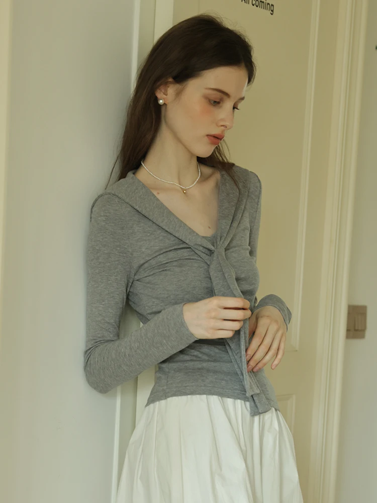 

Spring New Design Women's Long Sve T-irt Navy Collar Lightweight Wool Silk V-Ne Commute Top Soft Comfortable Fit