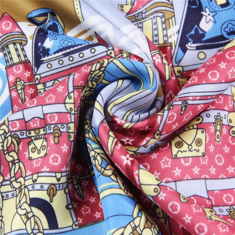 POBING Silk Scarf Women Large Shawls Castle Print Square Bandana Luxury NecKerchief Muslim Hijab Scarf Female Foulards 130CM