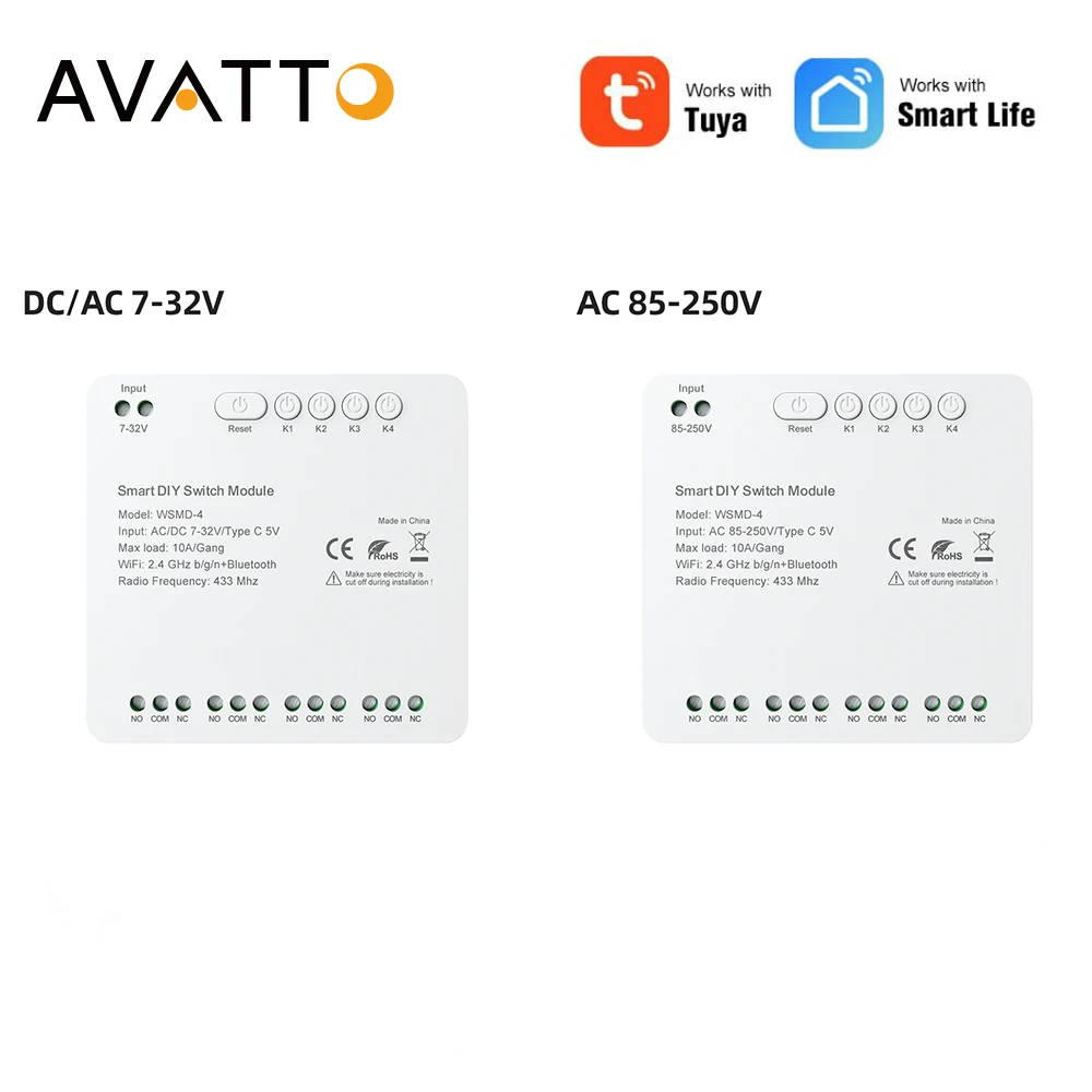 AVATTO Smart 4 canales WiFi contacto seco inalámbrico 7-32V/85-250V módulo de interruptor de relé, Control de aplicación remota, funciona para Alexa Google Home
