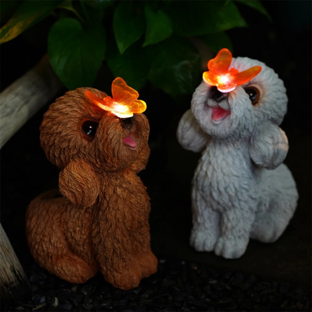 Teddy Dog Solar Garden Light, Estátuas ao ar livre com borboleta, Ornamentos bonitos do filhote de cachorro, Pátio, Decoração ao ar livre