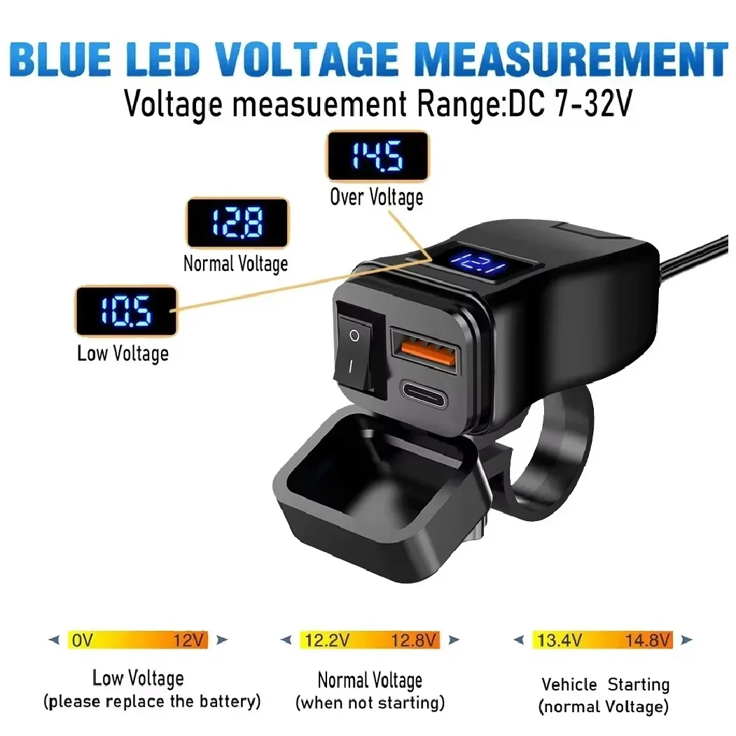 Motorcycle USB Fast Cellular Charger Waterproof Type C Port Socket Connector With Cell Mobile Voltmeter Digital Charge