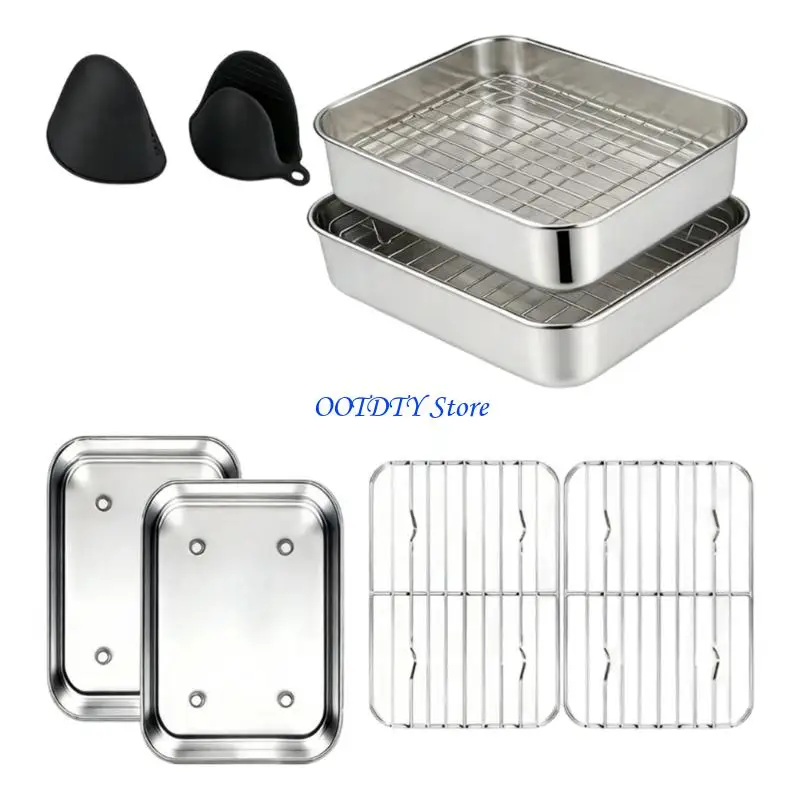 367A Kitchen Accessories 2 Stainless Steel Bowls 2 Draining Rack 2 Silicone Oven Gloves Cooking Casserole Dish Set