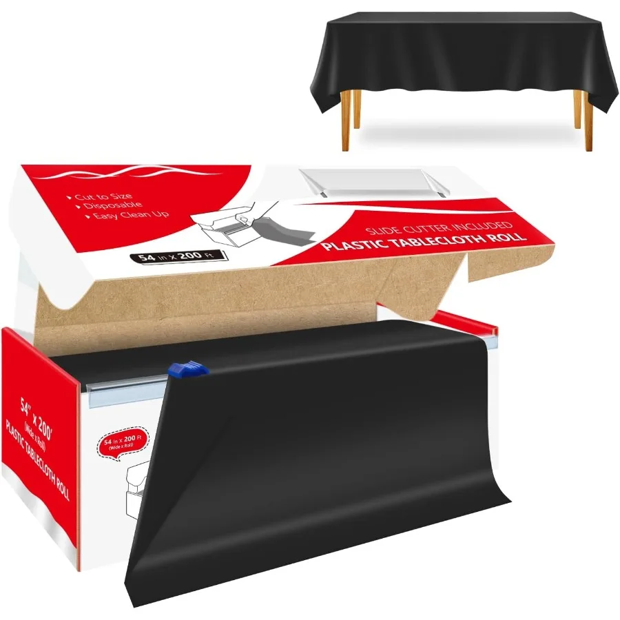 

Черная пластиковая скатерть 54 дюйма x 200 футов в рулоне, одноразовая крышка стола с коробкой для резки, пластиковая скатерть для пар