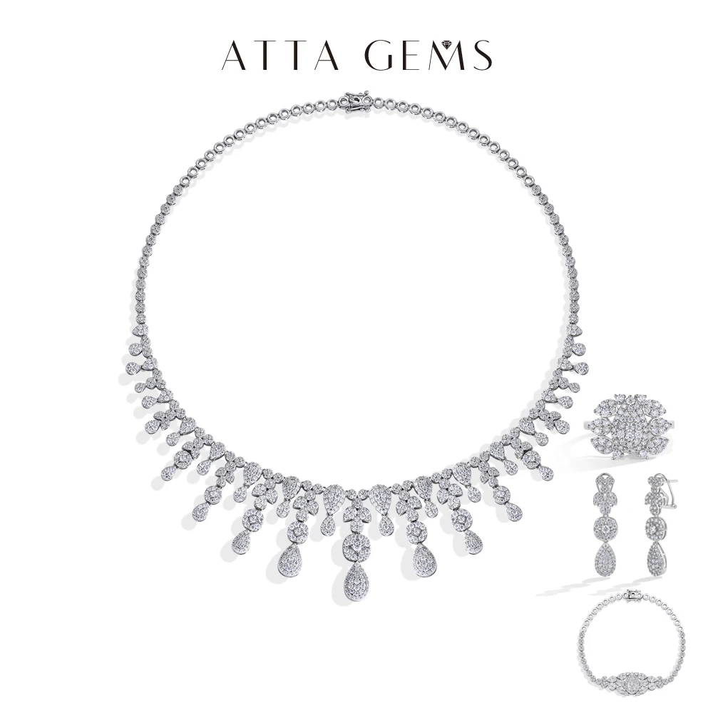 

ATTAGEMS Vintage s925 Silver Moissanite Jewelry Set forWomen Tassel Water Drop Necklace Earrings Ring Bracelet for Wedding Party