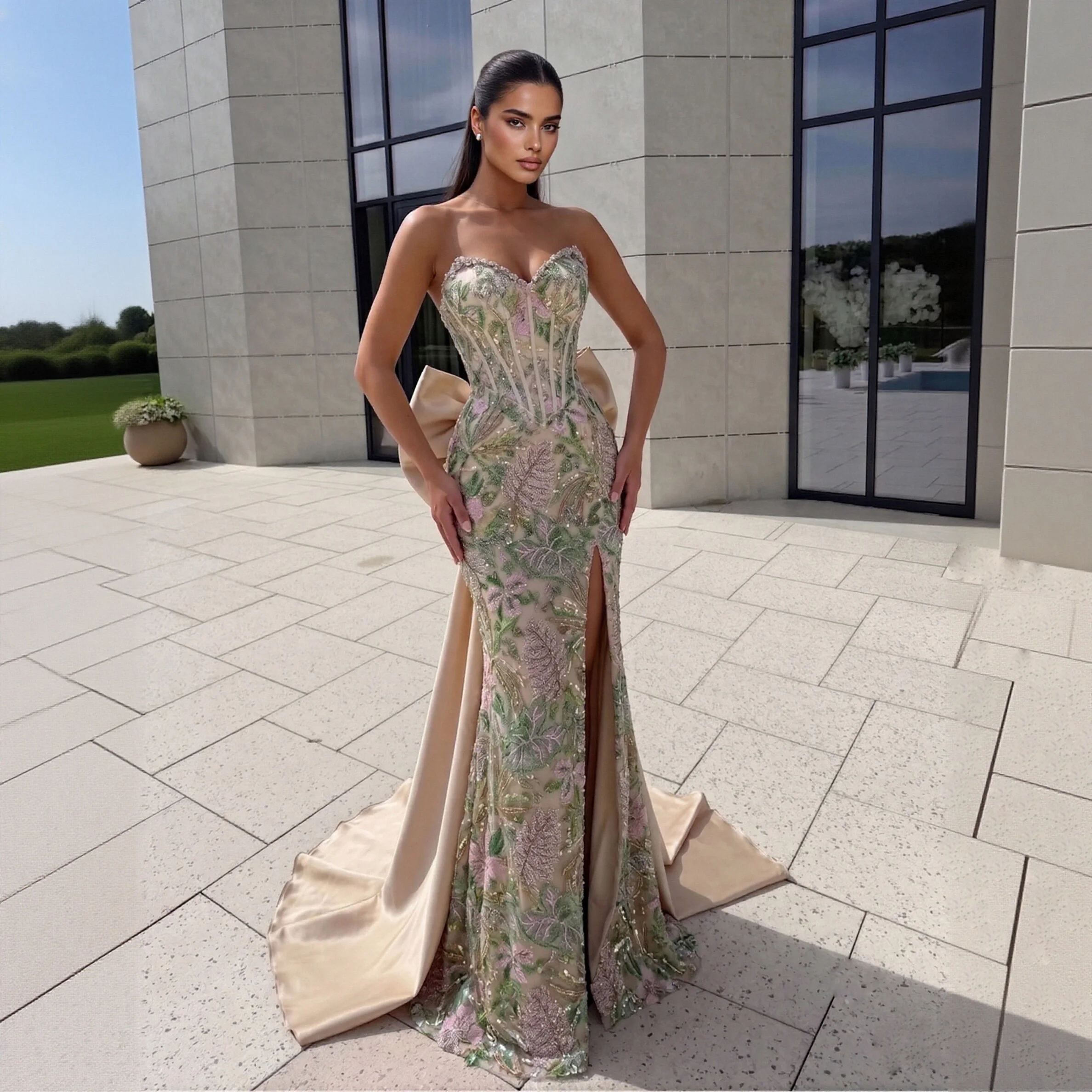 Sharon Said Elegantes Blumen-Geburtstagskleid Hochzeitskleid Abendkleid mit Schleife und Pailletten für Damen Perlenbesetztes Meerjungfrauenkleid SH058 Maßanfertigung