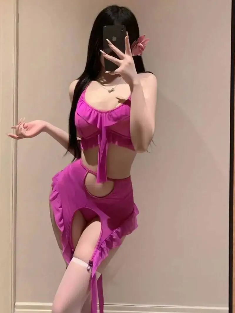 

Французский кружевной Холтер с бретелькой на шее, сексуальный экзотический SM, горячий стиль девушки, выдолбленный ремень, комплект с кисточками, майки, юбки, комплект, сетчатый кружевной прозрачный R4NV