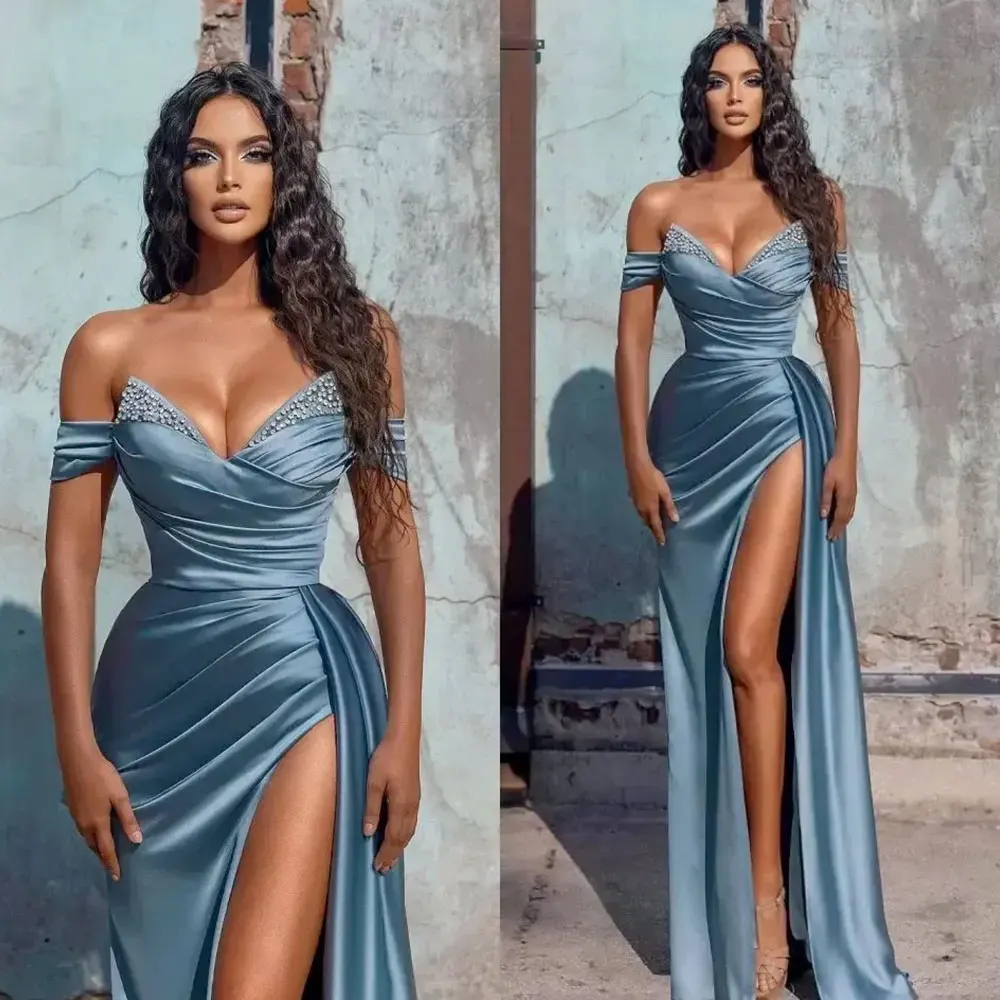 Blue Satin Prom Gowns Women Sexy Off Shoulder High Split Formal Occasion Evening Dresses Shining Beads V Neck Bridesmaid Dress