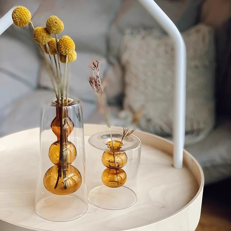 Double Layered Glass Vase Creative Flower Ware Transparent Hydroponic Vase Flower Arrangement Vase Living Room Aesthetic Decor