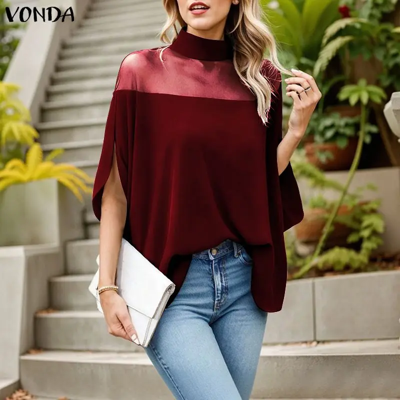 2026VONDA Elegante Vrouwen Fluwelen Blouse Mode Tops Mesh Patchwork Kantoor Blusas Herfst Stand Kraag Vleermuis Mouw Streetwear