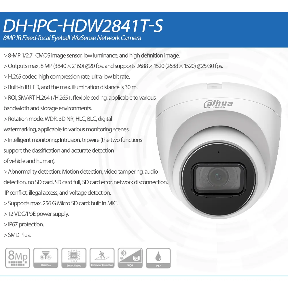 Оригинальная сетевая камера Dahua IPC-HDW2841T-S 8MP POE IR30M WDR с фиксированным фокусным расстоянием WizSense IP67, встроенный микрофон, слот SD H.265 + SMD