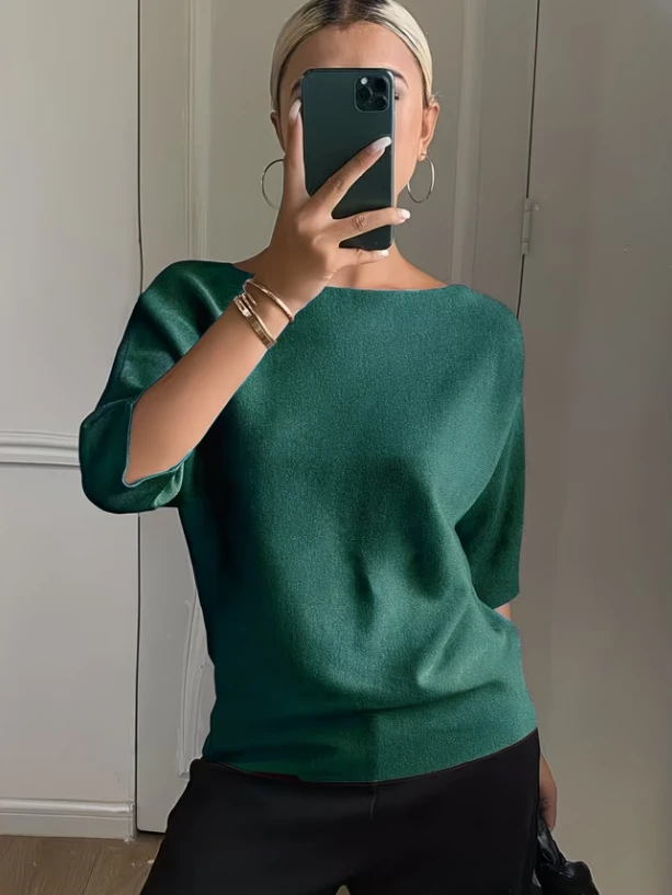 Ladies Six-Quarter Sleeve Knitted Sweater Elegant Large Collar Versatile Solid Color Spring Summer Autumn Knitted Overhead Top