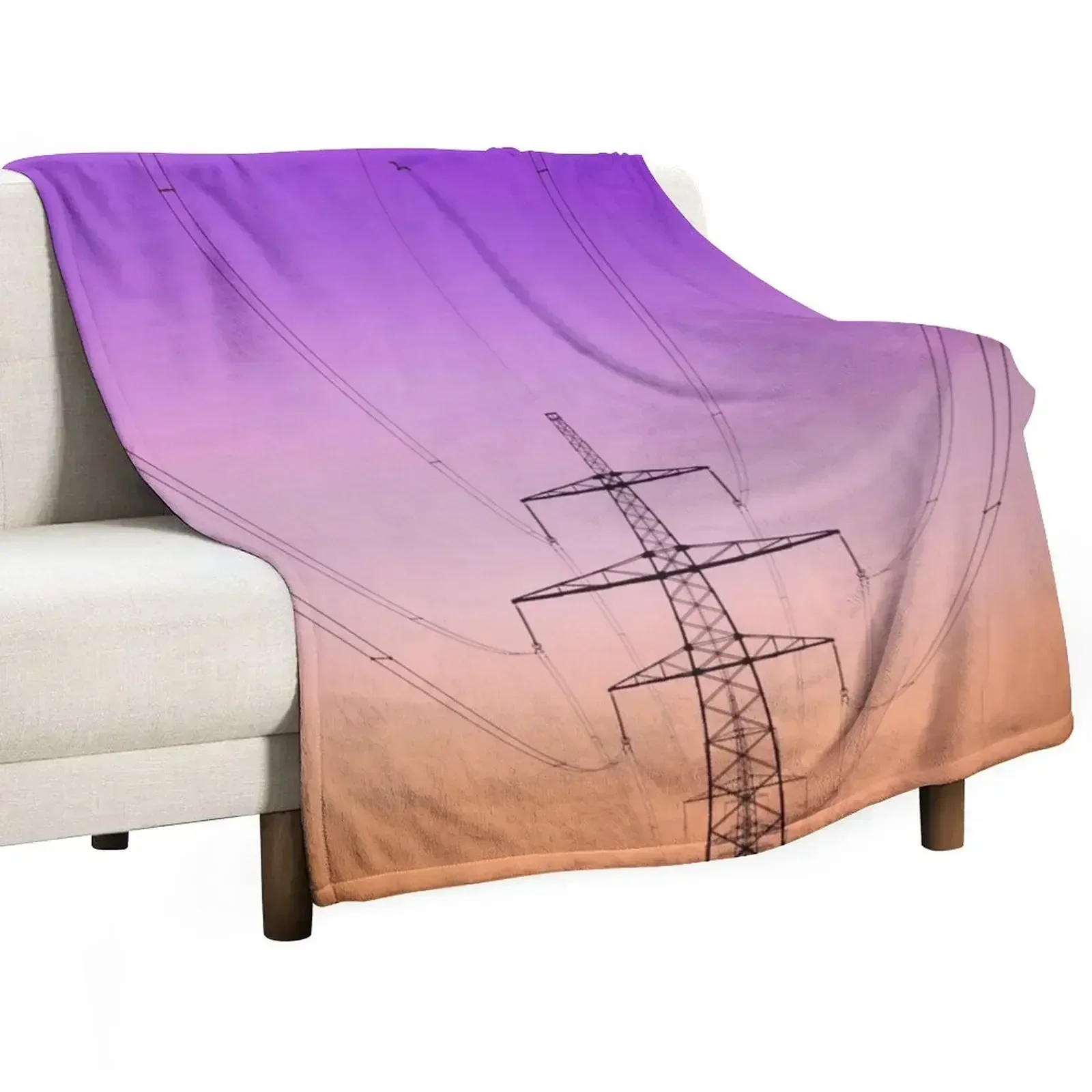 Electric Power Line Pylon With Purple And Orange Gradient Throw Blanket Tourist Flannels Winter beds Sofas Blankets