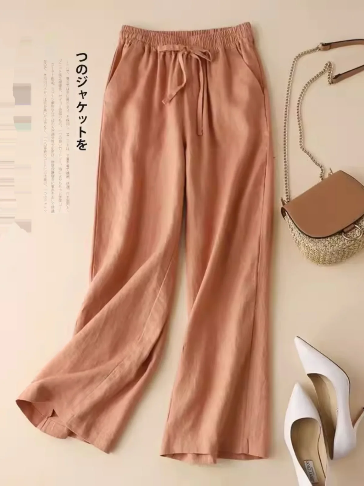 

High Waist Wide Leg Pants Women's Cotton Linen Loose Straight Cut Long Trousers Summer Season Slimming Effect Korean Sle