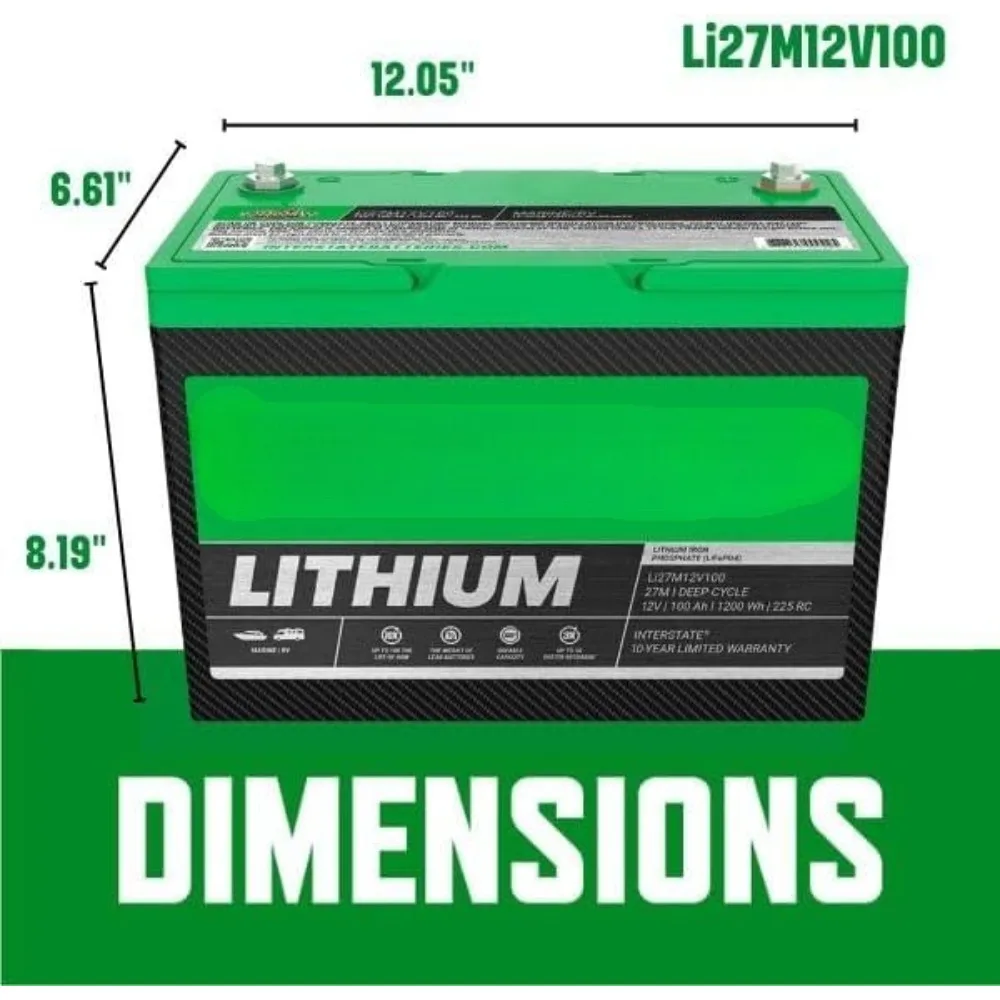 12V 100Ah グループサイズ27M リチウムマリン/RVディープサイクルLiFePO4バッテリー、メンテナンスフリー、軽量、ボートに最適