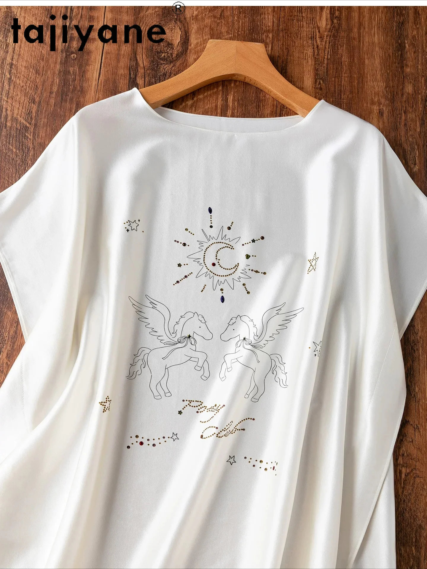 TAJIYANE 93% Natural Mulberry Silk Women T Shirts Pearl White Pony Print Summer Tops Casual Loose T Shirt Woman Clothes 2026 топ