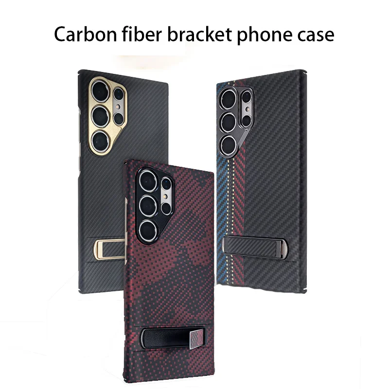 Luxury Kevlar Carbon Fiber Bracket Phone Case For Samsung Galaxy S24Ultra Metal Lens Ring Anti Shock Back Cover Protective Cover