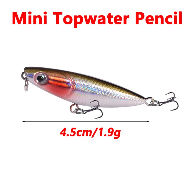 Iscas de pesca tipo lápis topwater, 1 unidade, 4,5 cm, 1,9 g, flutuante, para passear com cães, isca artificial de plástico com anzol para robalo e lúcio