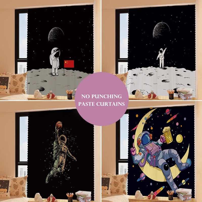 

No Punching Paste Curtains Cartoon Space Moon Bedroom Living Room Household Cabinet Partition Curtains