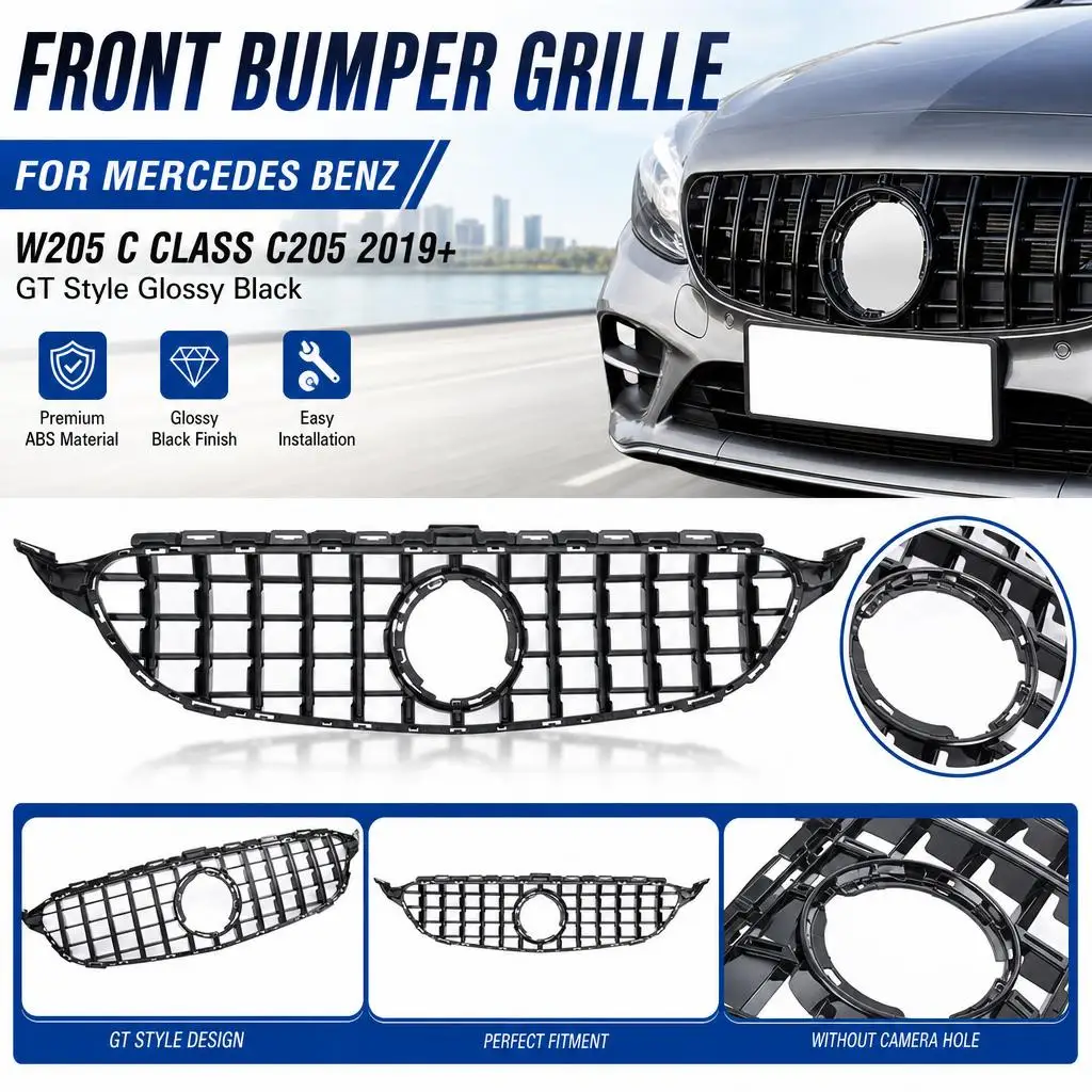 Griglia paraurti anteriore per Mercedes Benz W205 Classe C C205 2019+ stile GT, griglia paraurti anteriore nera lucida, accessori tuning, senza foro per telecamera