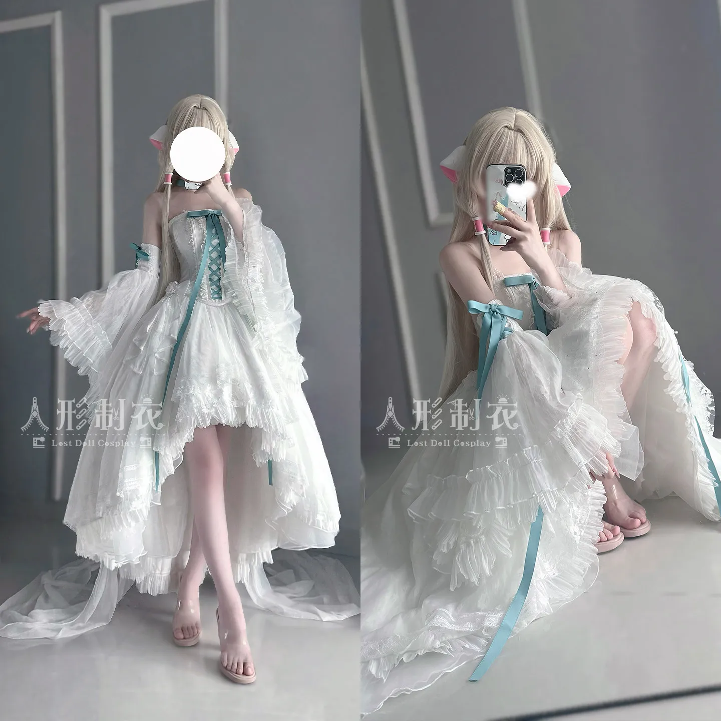 Chobits Chi Cosplay Costume White fluffy gauze skirt paired with mint blue bow ribbon role playing women's clothing NexoCosplay