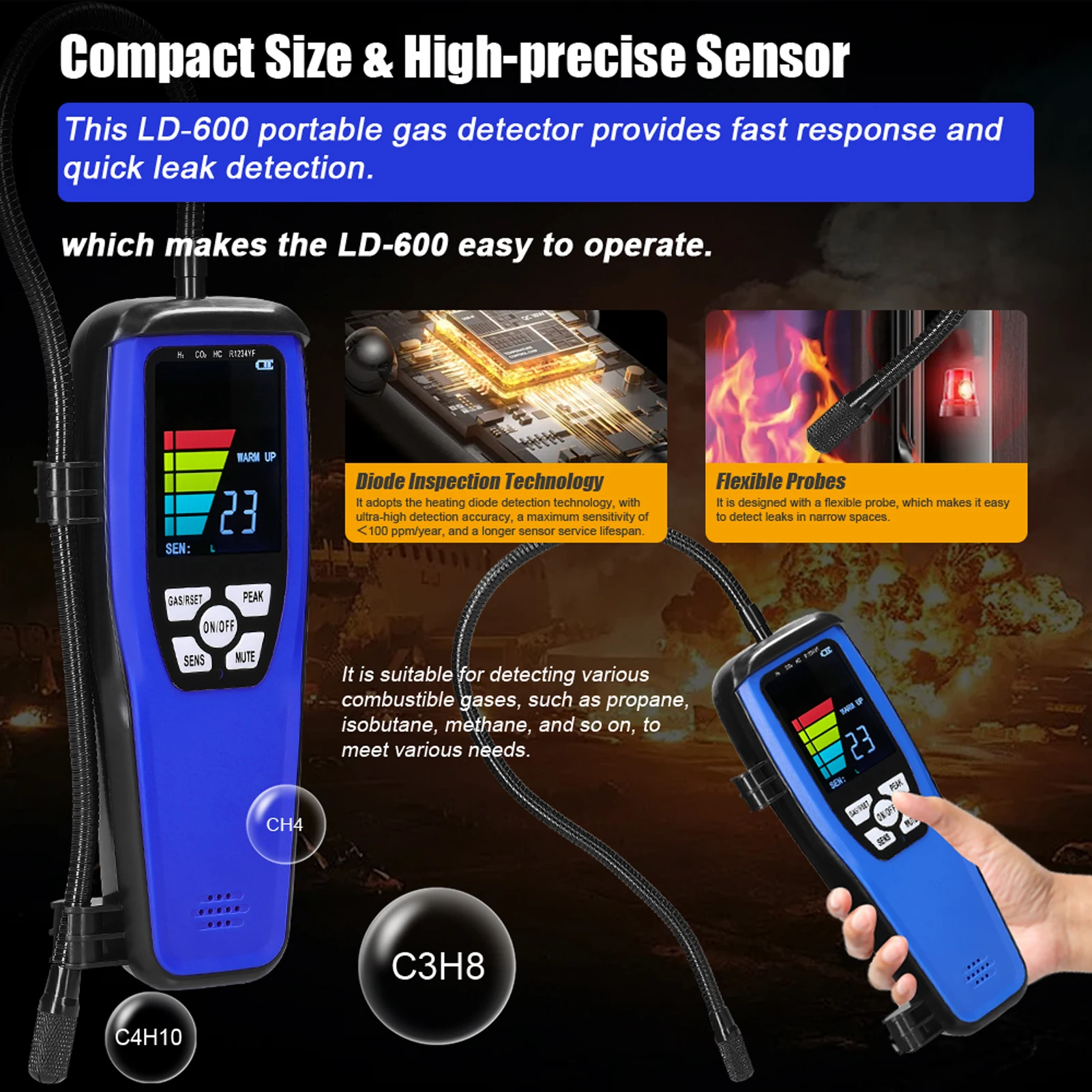 Handheld Combustible Gases Leak Detector Natural Gases Leakage Tester Portable Combustible Gases Concentration Test Meter