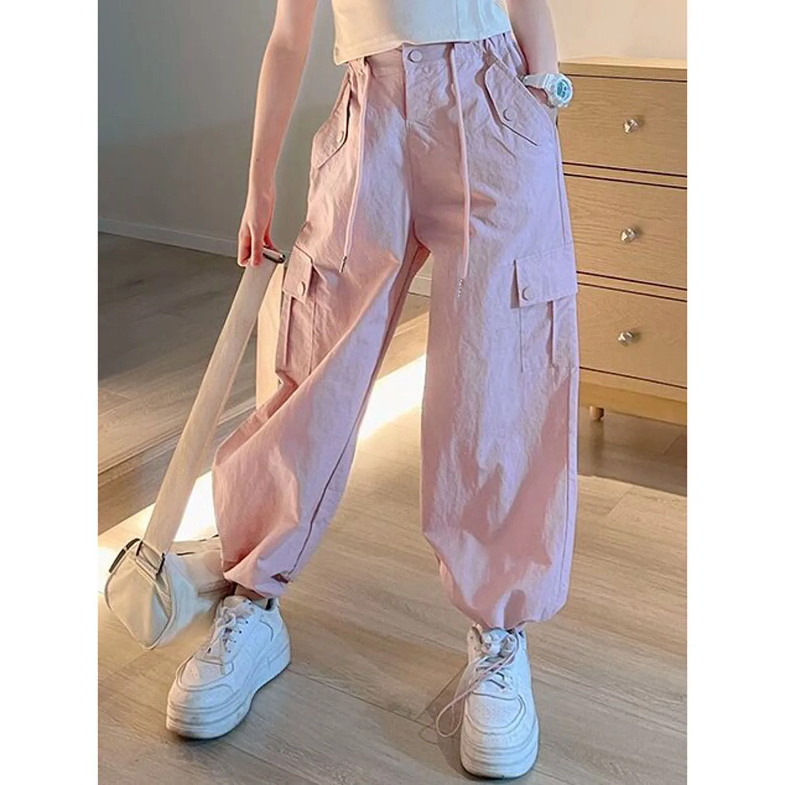 

Teenager Girls Cargo Pants Children High Waisted Casual Pants For Girls Versatile Loose Straight Leg Quick Drying Pants For Kids