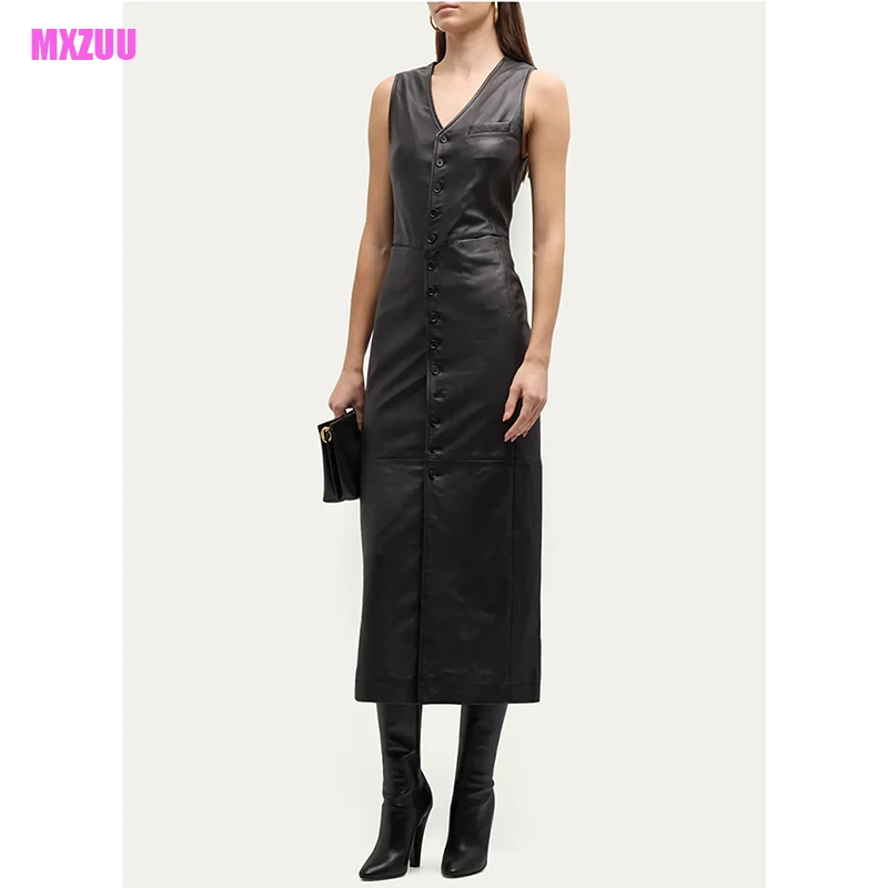 Genuine Leather Long Skirt for Women Spring Summer Sheepskin Split High Waist Adjustable Multi-Button Slim Vest Evening Dresses