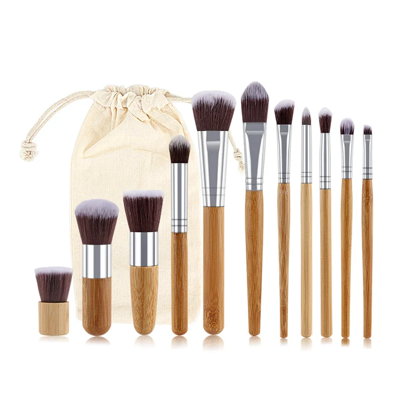 

Набор кистей для макияжа с бамбуковой ручкой, 11 шт., с конопляной сумкой-кистью для румян, портативный профессиональный косметический набор для путешествий
