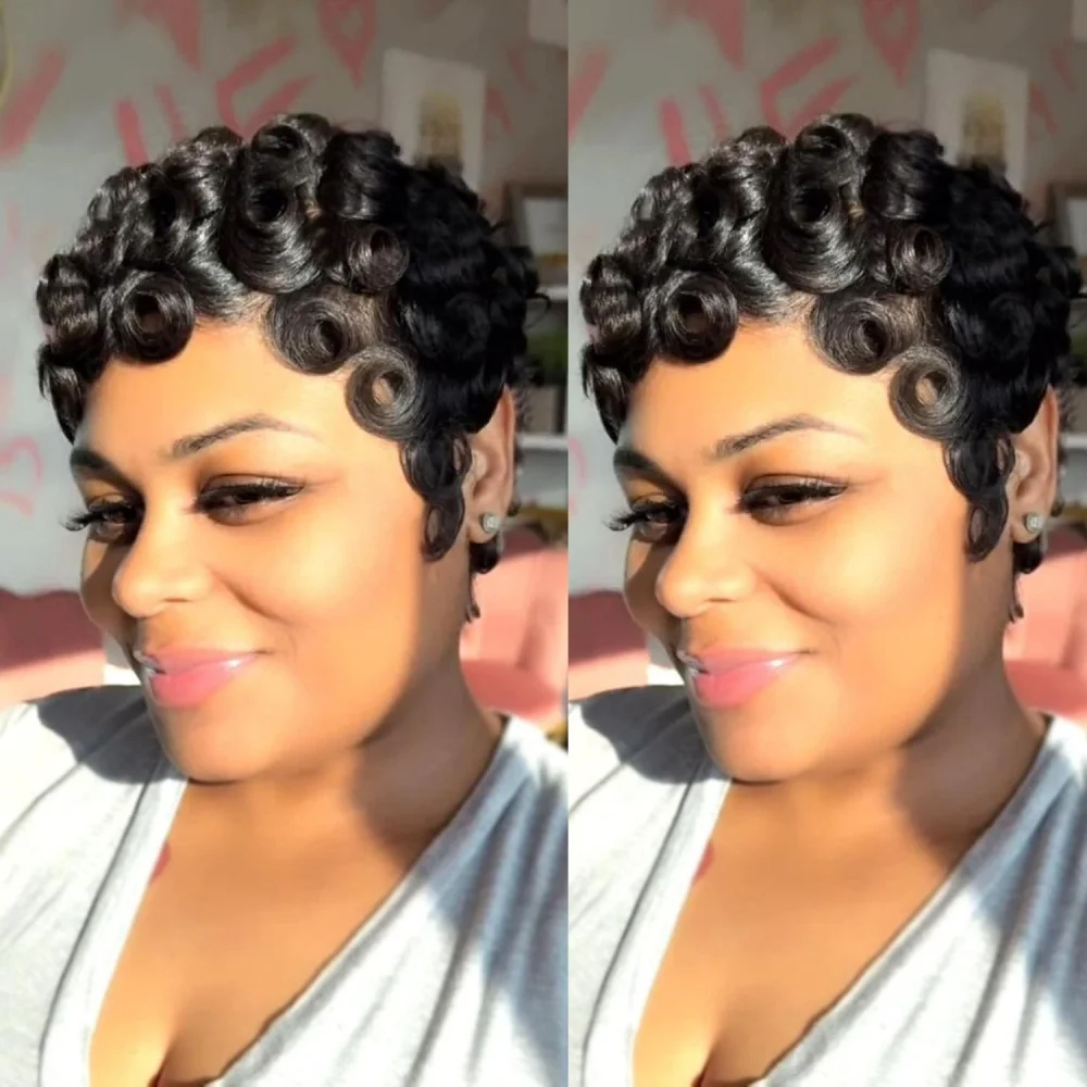 Short Pixie Cut Human Hair Wig Color 4# Short Curly Style Summer Machine Made Short Layered Pixie Cut Curly Wig With Bangs