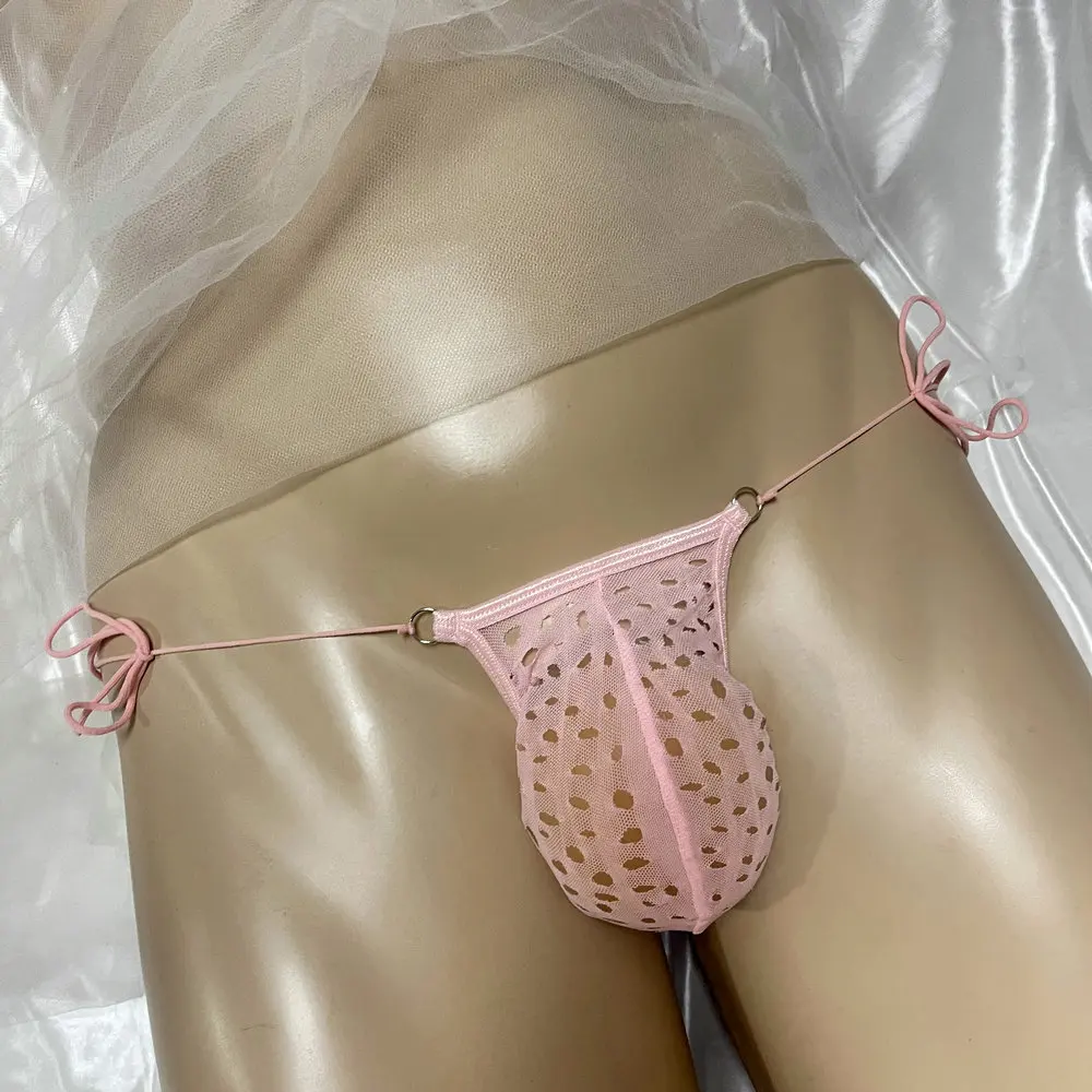 

Plus Size Tie Up Men Sexy Thong Fishnet Micro G String Gay Underwear PinK Underpant Erotic Hollow Out Panties Soft Pouch Tback