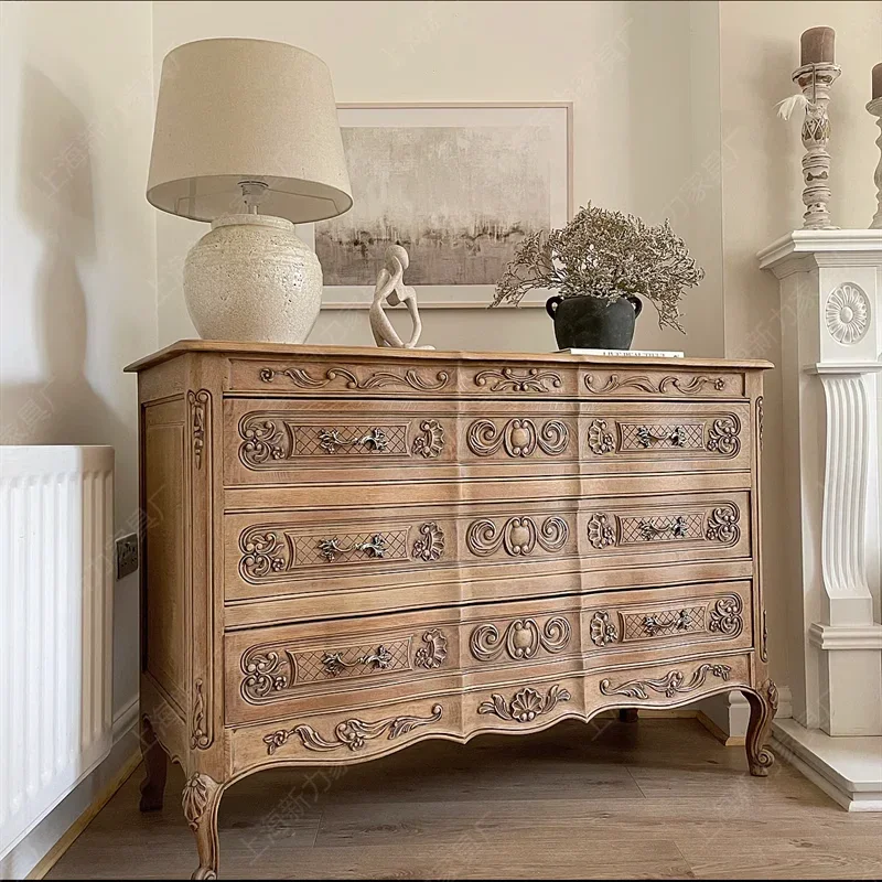 American country solid wood chest retro old carved bedroom drawer cabinet storage cabinet three bucket cabinet complete