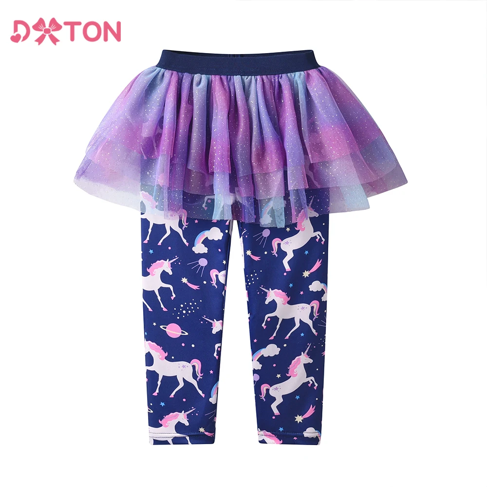 DXTON Fake 2PCS Girls Pantskirt Tulle Layer Skirts with Kids Leggings Unicorn Printed Casual Children Trousers Girls Costumes