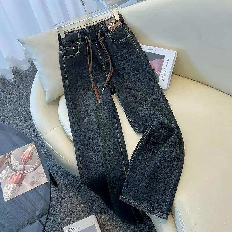 Elastic Waist Denim Straight-leg Pants Women 2025 Summer Thin Korean Version Retro Loose High Waist Wide-leg Pants