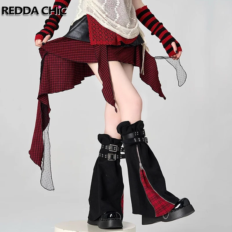 

REDDACHiC Zip-up Plaid Women Leg Warmers Patchwork Retro Leather Belt Denim Boots Cover Y2k Knee Long Socks Grunge Streetwear