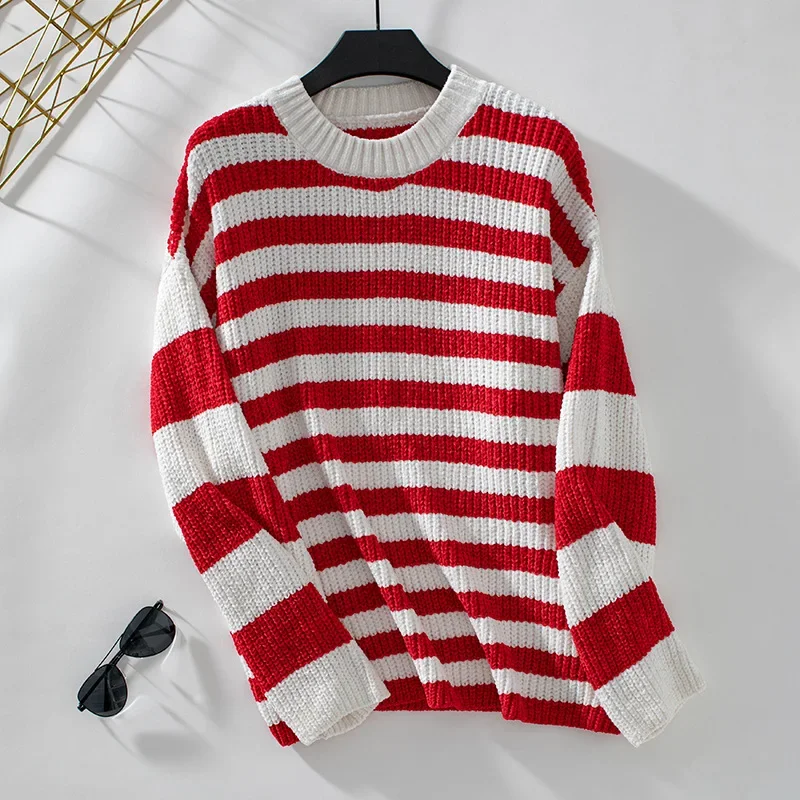 2024 autumn and winter new women's knitted sweater, pullover striped color matching sweater women