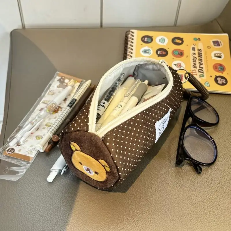 Polka Dot Stickerei Bär Zylinder Stiftetasche Große Kapazität Schüler Schreibwaren Aufbewahrungstasche Tragbare Geschenke – Detail 1